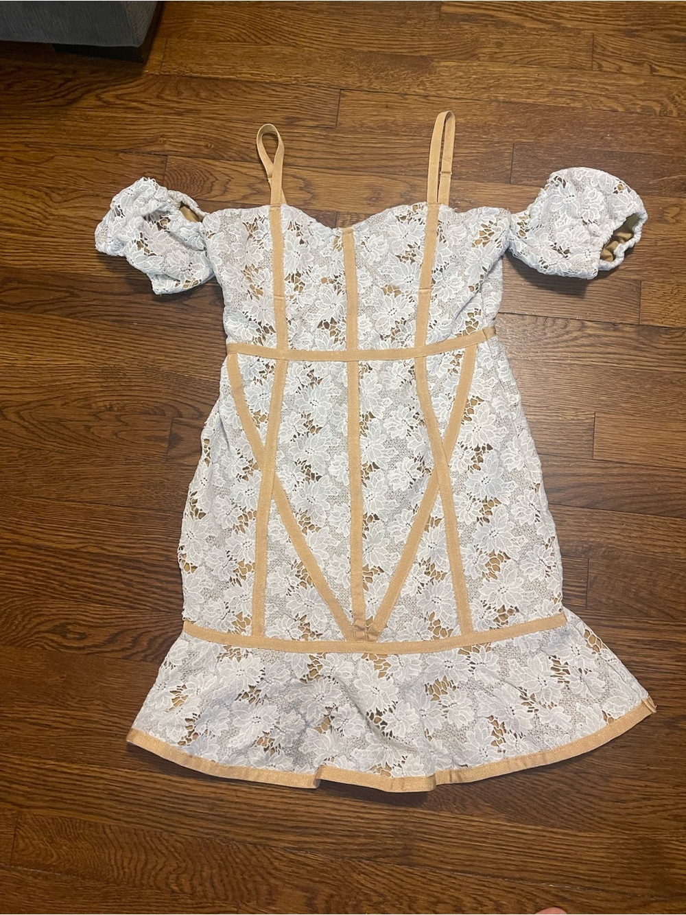 Fashion Nova White Lace Dress with Tan Trim for Women